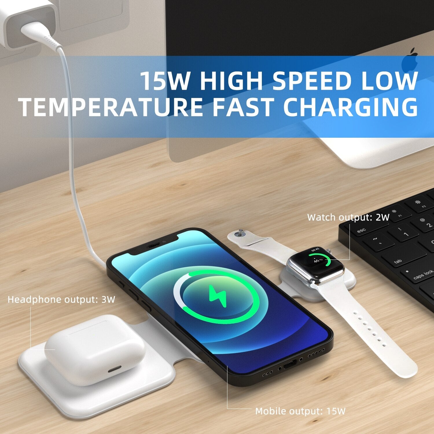15W 3-in-1 Wireless Charger — Phone, Watch & Earbuds